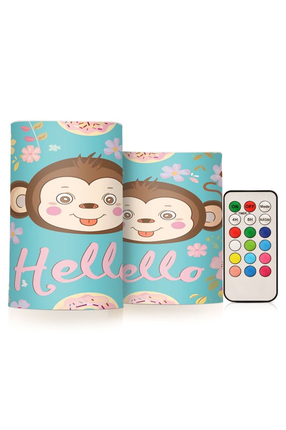 Flickering Flameless LED Candles set of 2 Battery Operated 18-Key Remotes Timer Halloween Fall Decor Hello Monkey Face D3''xH4''5''