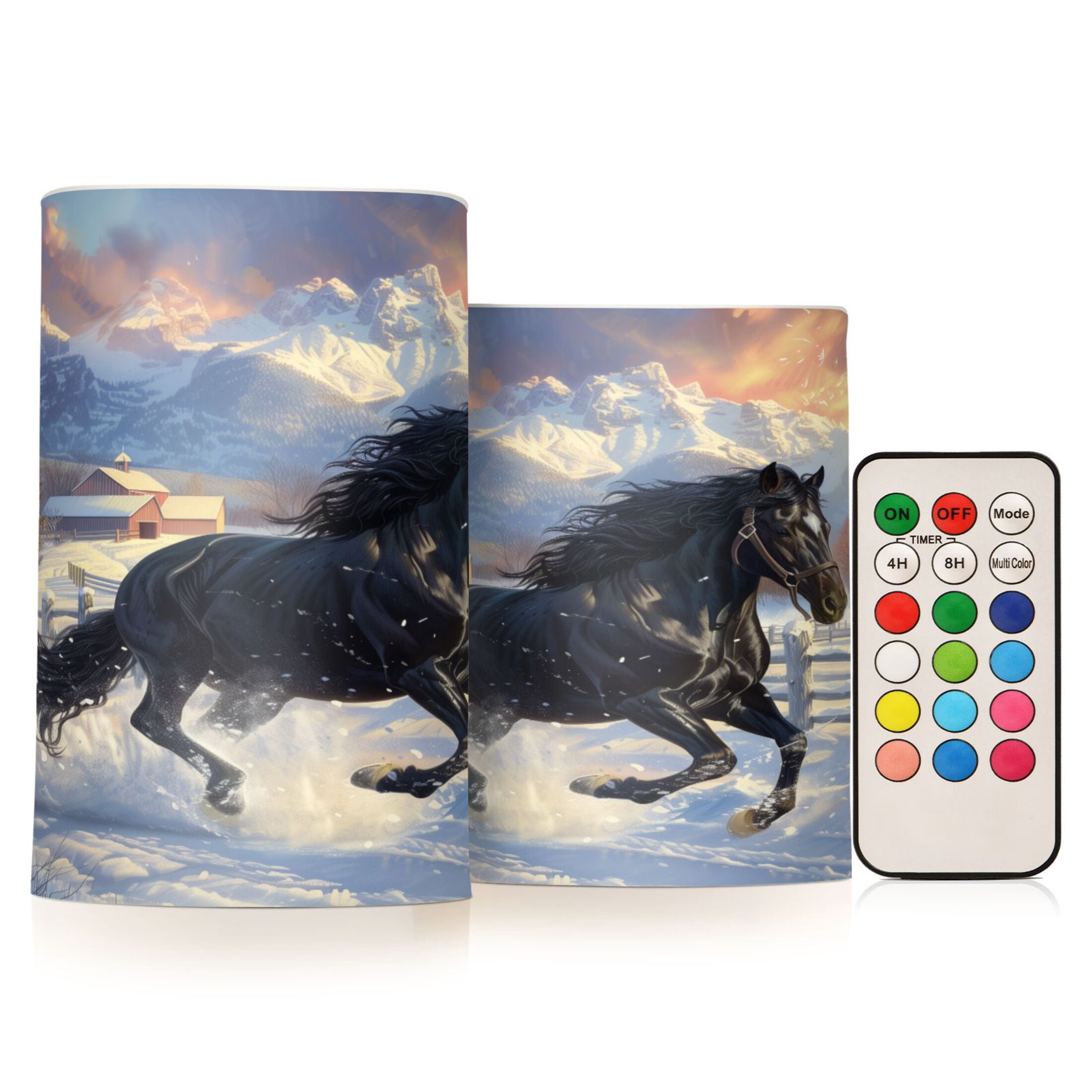 Flickering Flameless LED Candles set of 2 Battery Operated 18-Key Remotes Timer Halloween Fall Decor Horse Galloping in Snow D3''xH4''5''