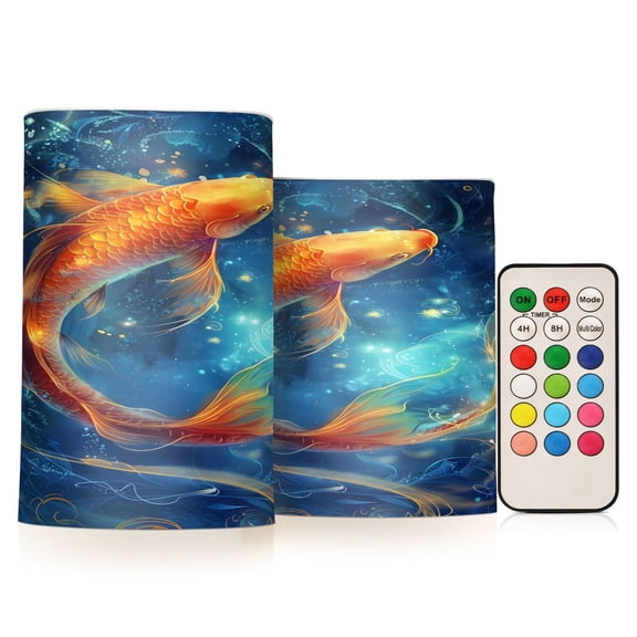 Flickering Flameless LED Candles set of 2 Battery Operated 18-Key Remotes Timer Halloween Fall Decor Koi Fish Swimming D3''xH4''5''