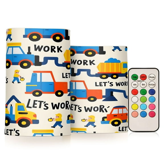 Flickering Flameless LED Candles set of 2 Battery Operated 18-Key Remotes Timer Halloween Fall Decor Let's Work Construction Vehicle D3''xH4''5''