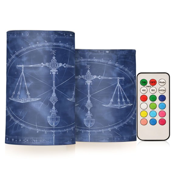 Flickering Flameless LED Candles set of 2 Battery Operated 18-Key Remotes Timer Halloween Fall Decor Libra Of Zodiac D3''xH4''5''
