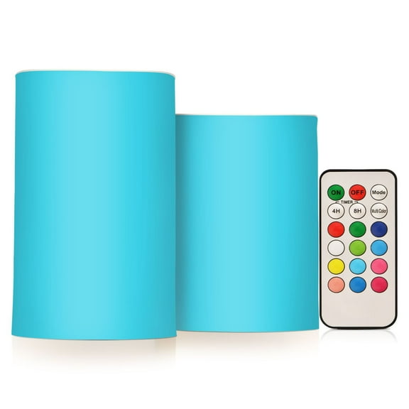 Flickering Flameless LED Candles set of 2 Battery Operated 18-Key Remotes Timer Halloween Fall Decor Light Blue D3''xH4''5''