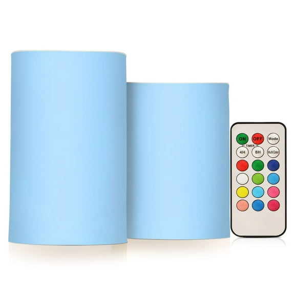 Flickering Flameless LED Candles set of 2 Battery Operated 18-Key Remotes Timer Halloween Fall Decor Light Sky Blue D3''xH4''5''
