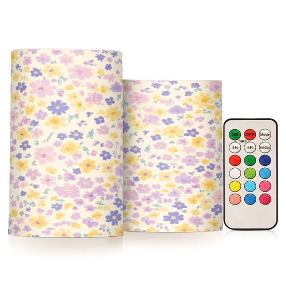 Flickering Flameless LED Candles set of 2 Battery Operated 18-Key Remotes Timer Halloween Fall Decor Lilac Yellow Tiny Flower D3''xH4''5''