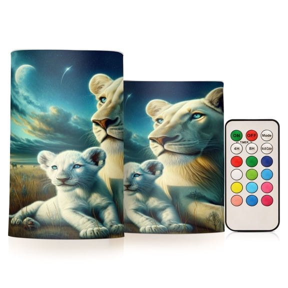 Flickering Flameless LED Candles set of 2 Battery Operated 18-Key Remotes Timer Halloween Fall Decor Lioness on Grasslands D3''xH4''5''