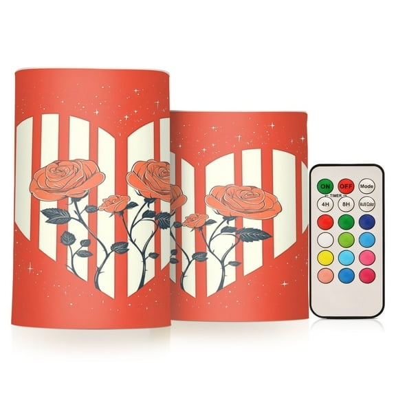 Flickering Flameless LED Candles set of 2 Battery Operated 18-Key Remotes Timer Halloween Fall Decor Love Heart with Roses D3''xH4''5''