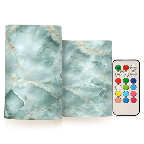 Flickering Flameless LED Candles set of 2 Battery Operated 18-Key Remotes Timer Halloween Fall Decor Mint Green Marble D3''xH4''5''