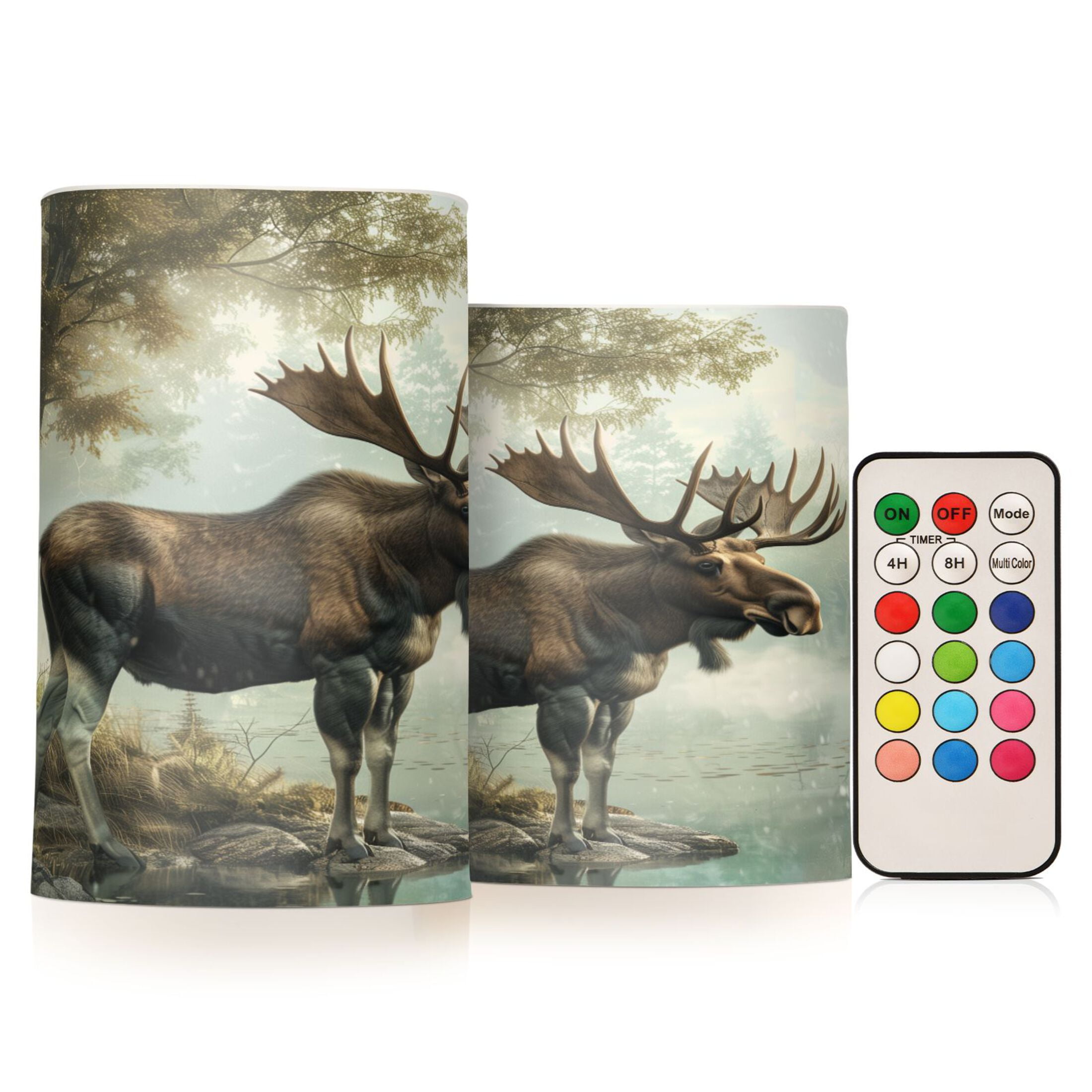 Flickering Flameless LED Candles set of 2 Battery Operated 18-Key Remotes Timer Halloween Fall Decor Moose on Misty Lake D3''xH4''5''
