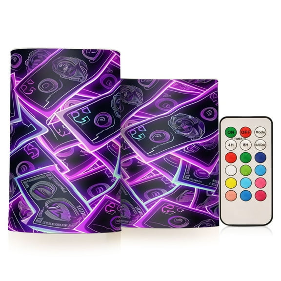 Flickering Flameless LED Candles set of 2 Battery Operated 18-Key Remotes Timer Halloween Fall Decor Neon Dollar Bills D3''xH4''5''