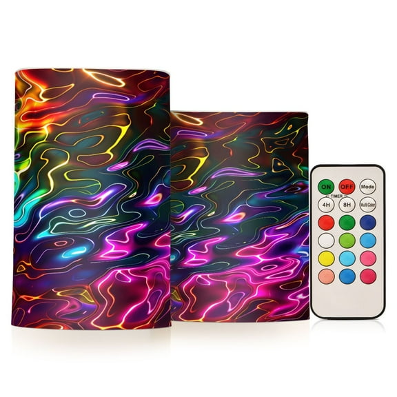 Flickering Flameless LED Candles set of 2 Battery Operated 18-Key Remotes Timer Halloween Fall Decor Neon Ripples D3''xH4''5''