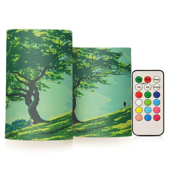 Flickering Flameless LED Candles set of 2 Battery Operated 18-Key Remotes Timer Halloween Fall Decor Oak Tree and Person Walk D3''xH4''5''