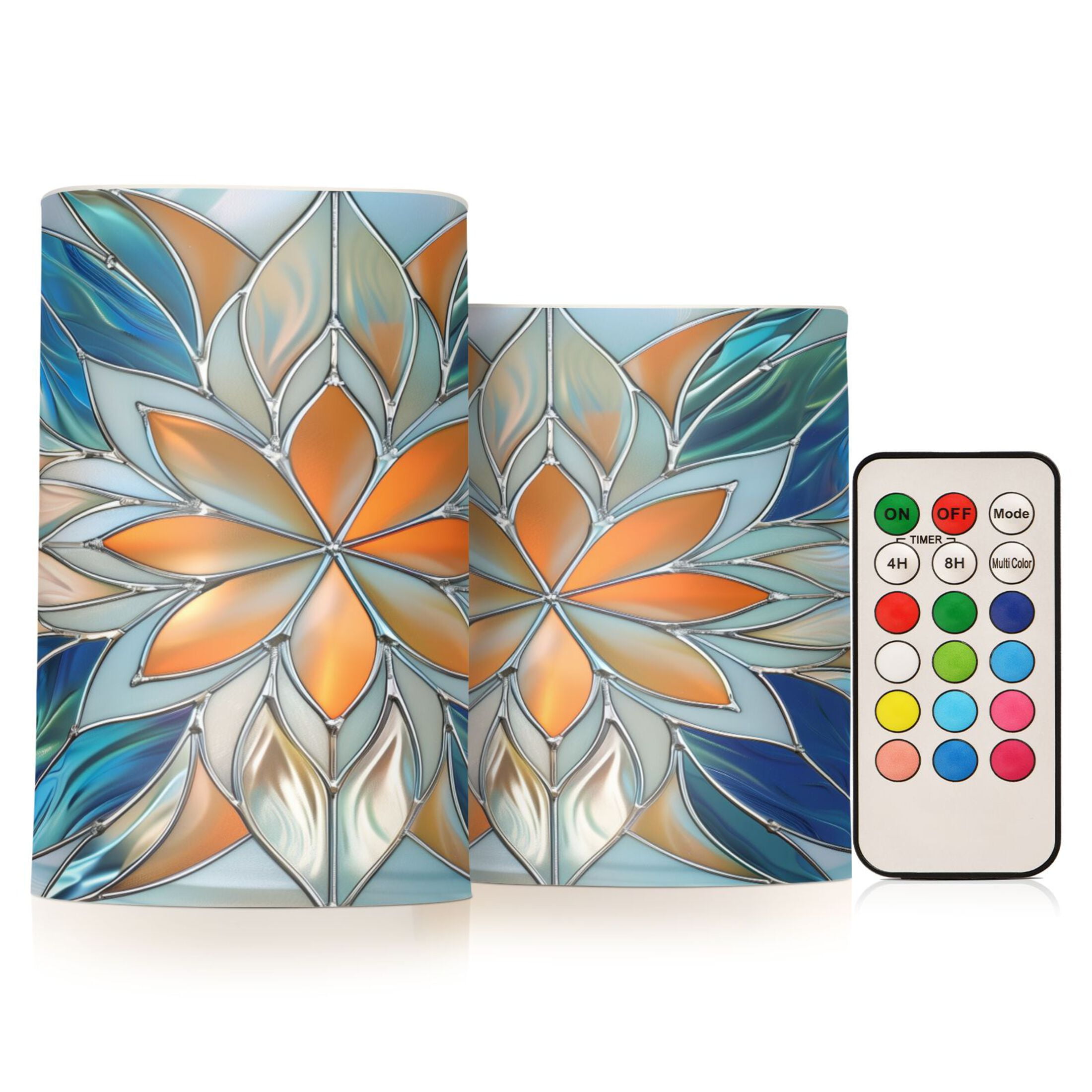 Flickering Flameless LED Candles set of 2 Battery Operated 18-Key Remotes Timer Halloween Fall Decor Orange Blue Floral Stained Glass D3''xH4''5''
