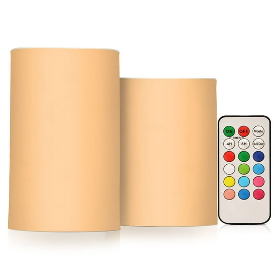Flickering Flameless LED Candles set of 2 Battery Operated 18-Key Remotes Timer Halloween Fall Decor Pale Orange D3''xH4''5''