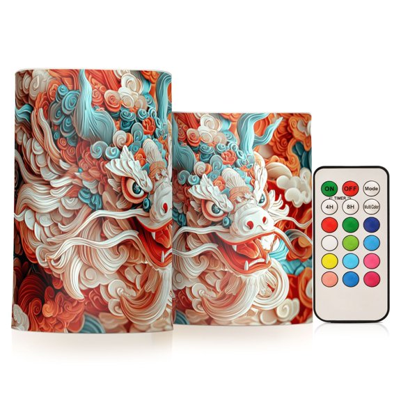 Flickering Flameless LED Candles set of 2 Battery Operated 18-Key Remotes Timer Halloween Fall Decor Paper-cut Majestic Dragon D3''xH4''5''