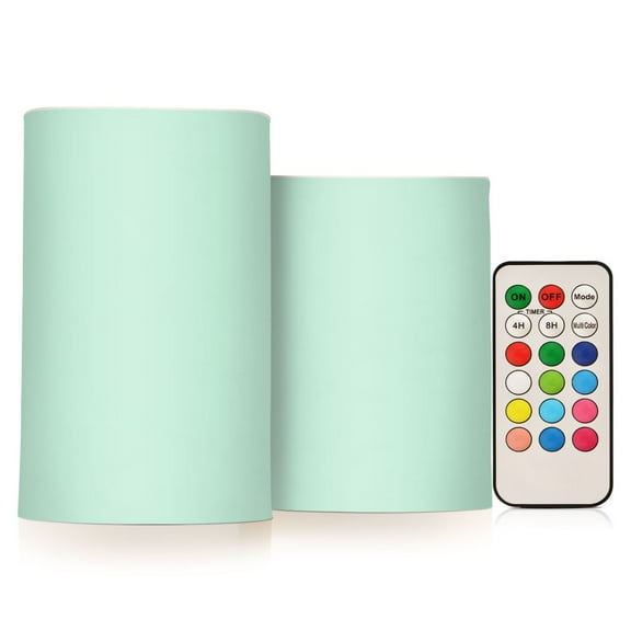 Flickering Flameless LED Candles set of 2 Battery Operated 18-Key Remotes Timer Halloween Fall Decor Pastel Green D3''xH4''5''