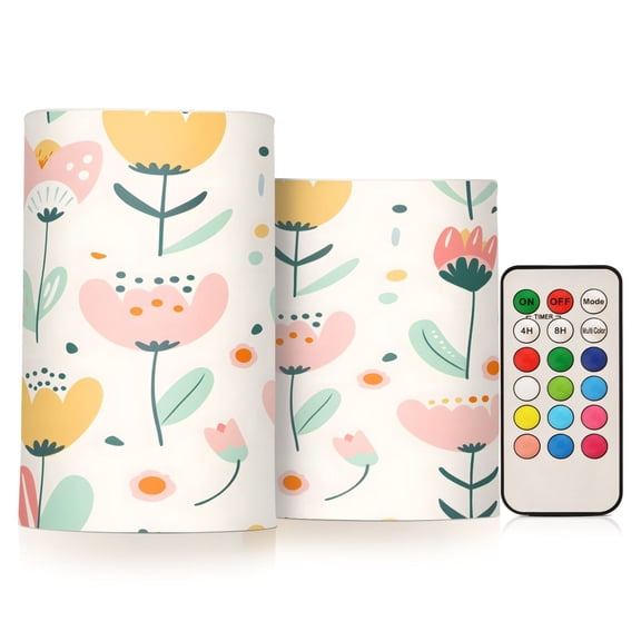 Flickering Flameless LED Candles set of 2 Battery Operated 18-Key Remotes Timer Halloween Fall Decor Pastel Hand Drawn Flower D3''xH4''5''