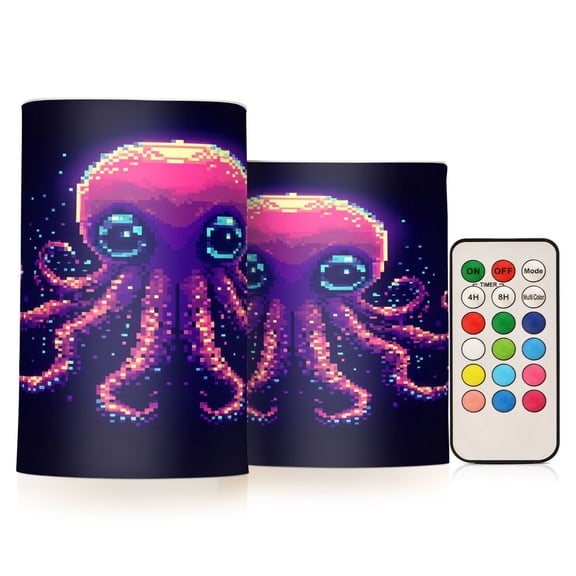 Flickering Flameless LED Candles set of 2 Battery Operated 18-Key Remotes Timer Halloween Fall Decor Pixel Octopus D3''xH4''5''