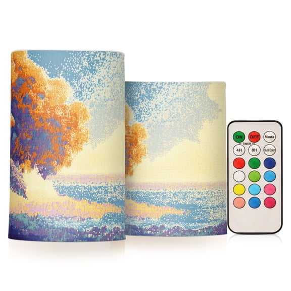 Flickering Flameless LED Candles set of 2 Battery Operated 18-Key Remotes Timer Halloween Fall Decor Pixel Sea Cloud Tree D3''xH4''5''