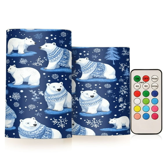 Flickering Flameless LED Candles set of 2 Battery Operated 18-Key Remotes Timer Halloween Fall Decor Polar Bears Wearing Sweaters D3''xH4''5''