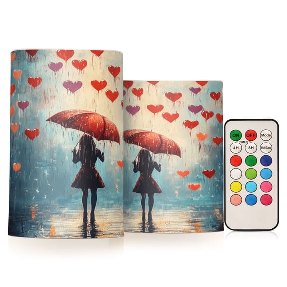Flickering Flameless LED Candles set of 2 Battery Operated 18-Key Remotes Timer Halloween Fall Decor Raining Love Hearts D3''xH4''5''