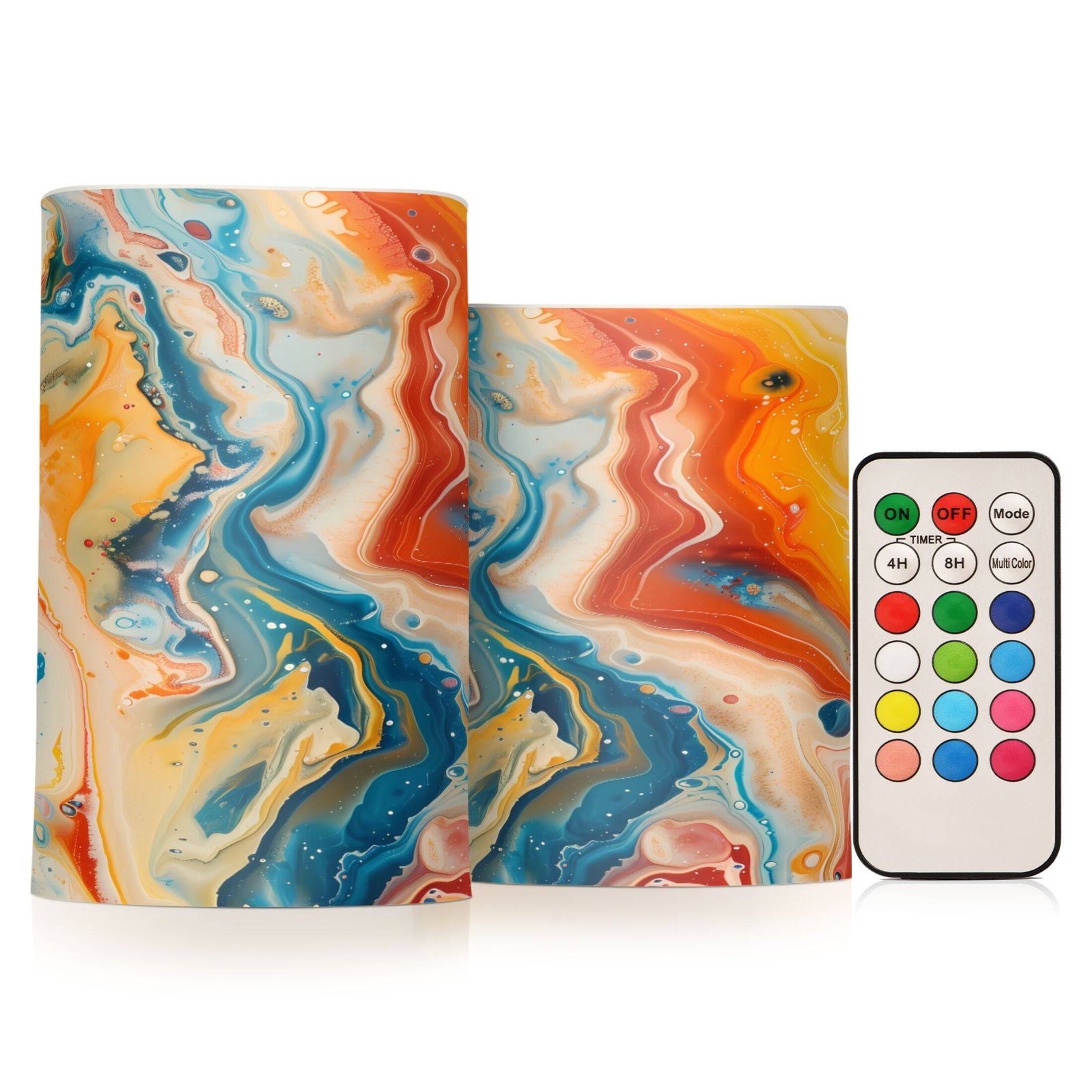Flickering Flameless LED Candles set of 2 Battery Operated 18-Key Remotes Timer Halloween Fall Decor Red Blue Orange Marble D3''xH4''5''