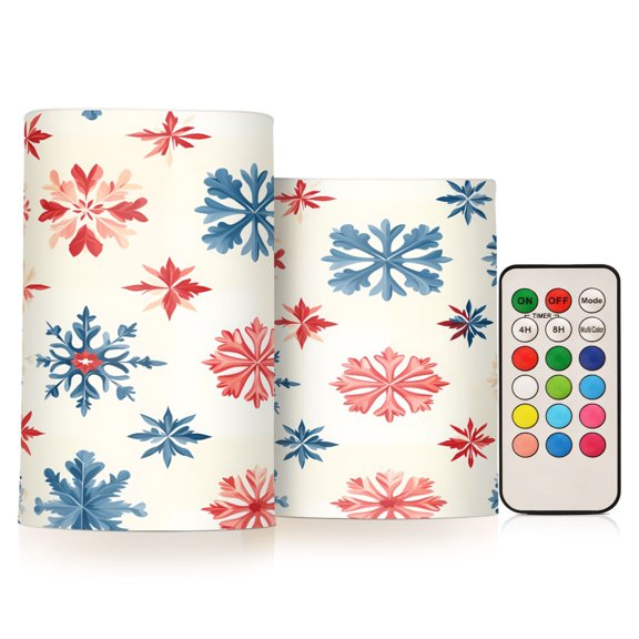 Flickering Flameless LED Candles set of 2 Battery Operated 18-Key Remotes Timer Halloween Fall Decor Red Blue Snowflakes D3''xH4''5''