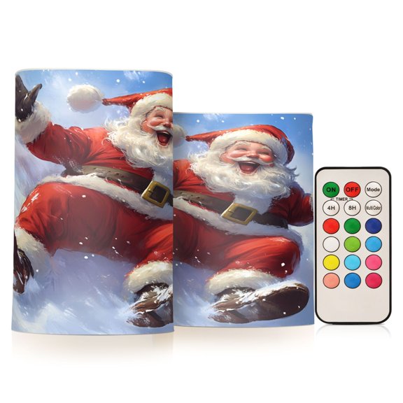 Flickering Flameless LED Candles set of 2 Battery Operated 18-Key Remotes Timer Halloween Fall Decor Santa Claus Slide Snowy Hill D3''xH4''5''