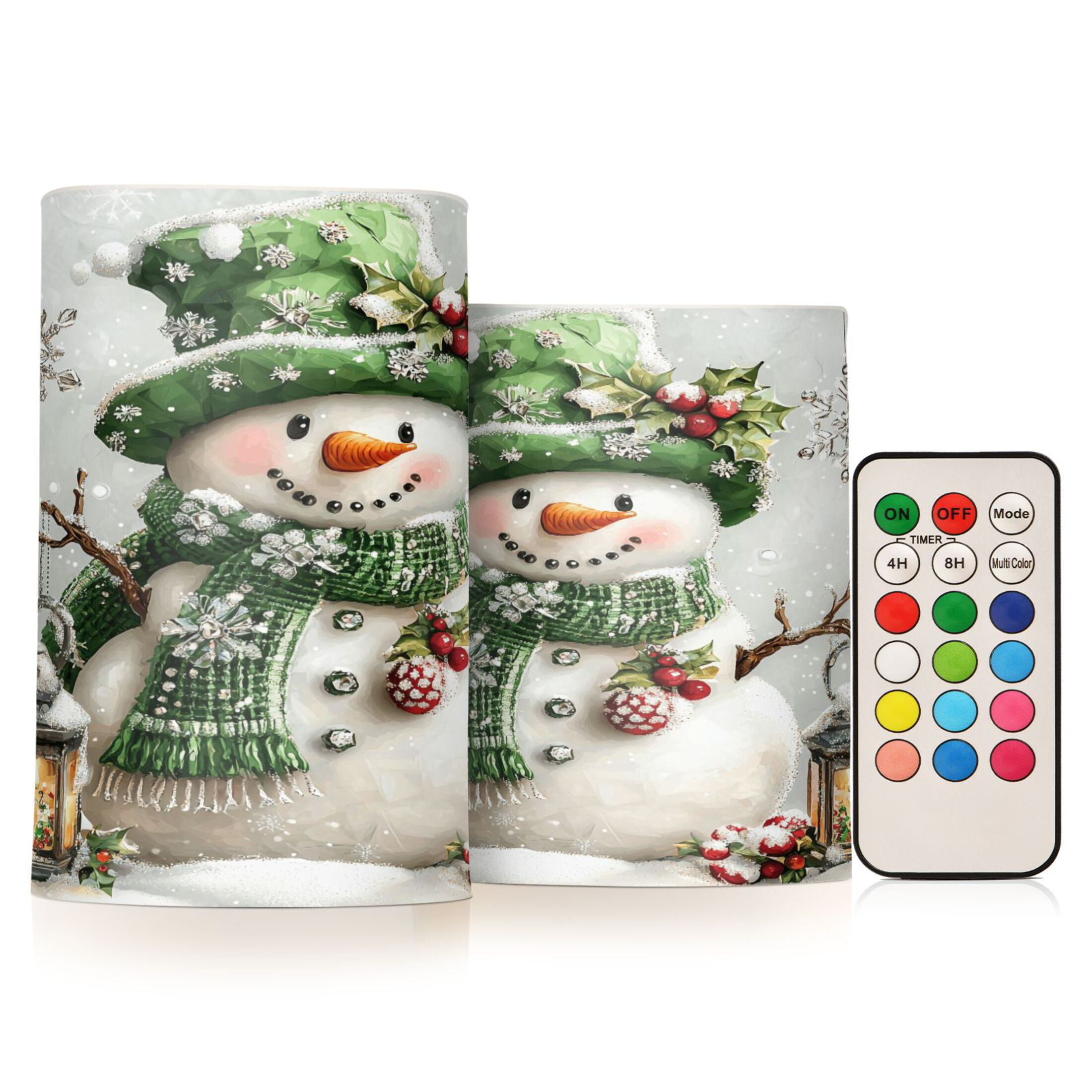 Flickering Flameless LED Candles set of 2 Battery Operated 18-Key Remotes Timer Halloween Fall Decor Snowman with Lamp D3''xH4''5''