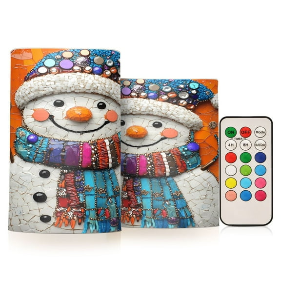 Flickering Flameless LED Candles set of 2 Battery Operated 18-Key Remotes Timer Halloween Fall Decor Snowmen with Colorful Sequins Hat D3''xH4''5''