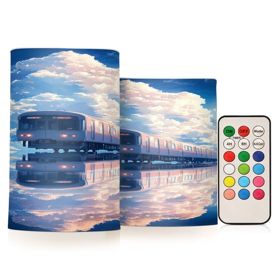 Flickering Flameless LED Candles set of 2 Battery Operated 18-Key Remotes Timer Halloween Fall Decor Train in Blue Sky D3''xH4''5''