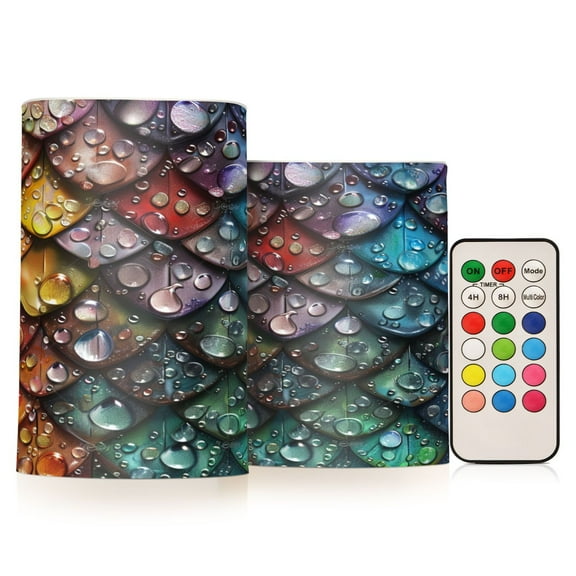 Flickering Flameless LED Candles set of 2 Battery Operated 18-Key Remotes Timer Halloween Fall Decor Water Droplets on Dragon Scales D3''xH4''5''
