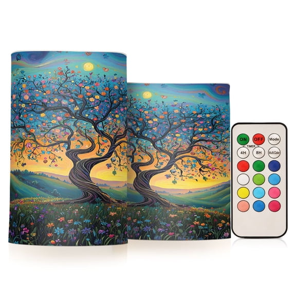 Flickering Flameless LED Candles set of 2 Battery Operated 18-Key Remotes Timer Halloween Fall Decor Whimsical Tree Of Life D3''xH4''5''