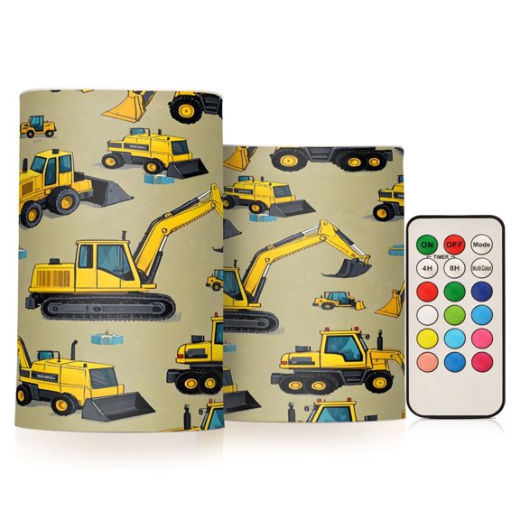 Flickering Flameless LED Candles set of 2 Battery Operated 18-Key Remotes Timer Halloween Fall Decor Yellow Construction Vehicles D3''xH4''5''