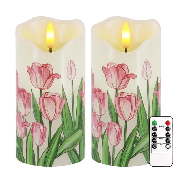 Flickering Flameless Tulip Candles Set of 2, 6 inch Dimmable LED Pillar Candles with Remote & Timer, Real Wax Electric Battery Operated Candles for Home Decor, Birthday Mother's Day Gift for Mom