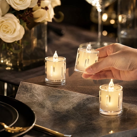 Flickering LED Candles with Acrylic Housing, Battery Operated Table Lighting, Wax Free Indoor Candle Display for Wedding Reception Tables, Dinner Parties and Christmas Mantels, 24 Pieces, Style A