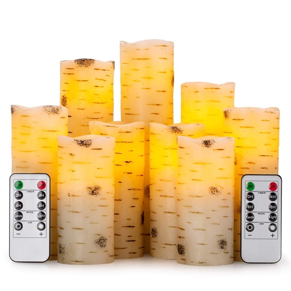Flickering Led Candles With Birch Bark Effect - Set Of 9-operated Real Waxar 10-key Remote Control 2/4/6/8 Hour Timer