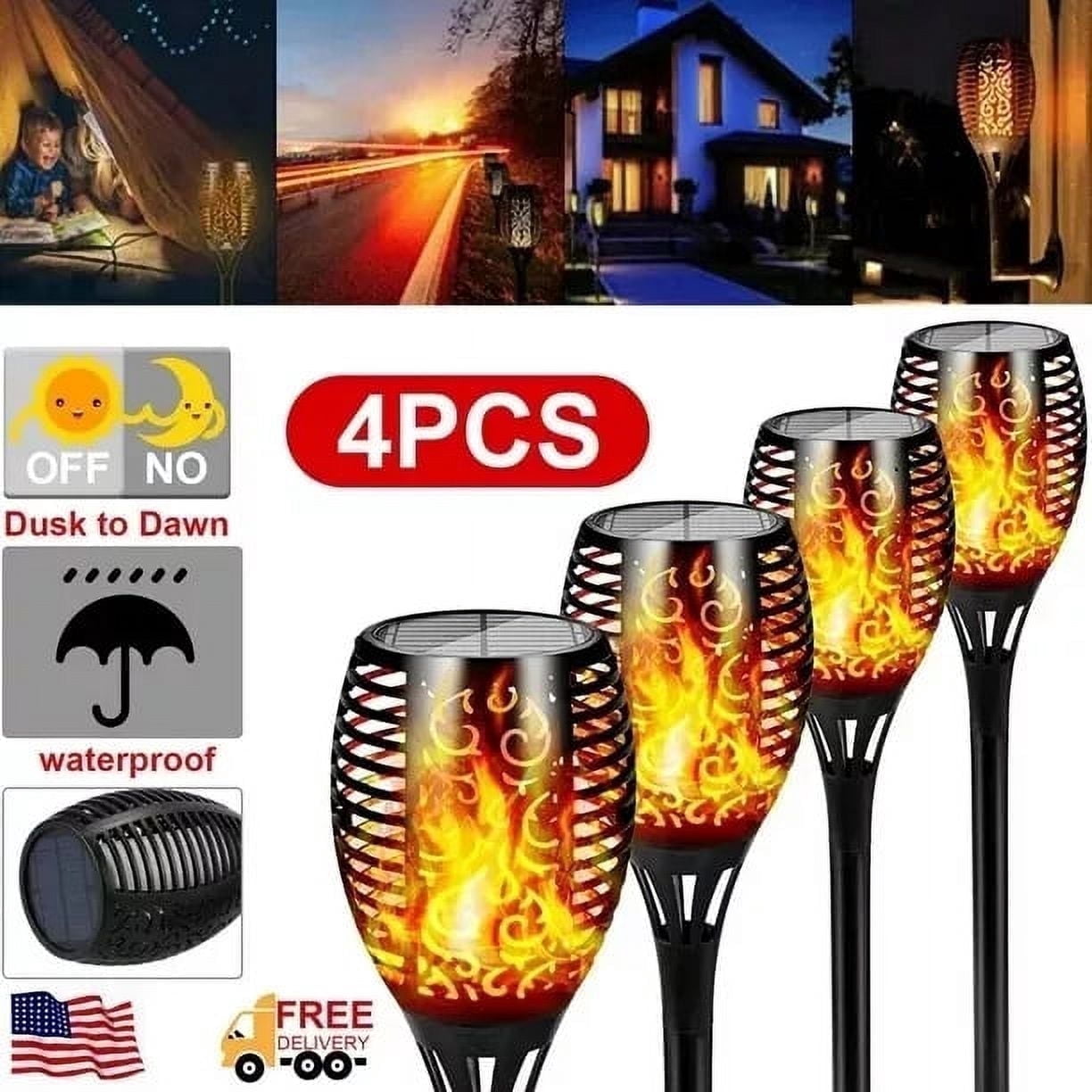 4 Pack Flameless Solar Bamboo Torch Lights, LED Waterproof for Garden ...
