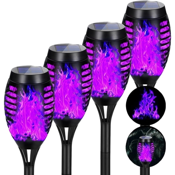Flickering Solar Lights,4 Pack Tiki Torch Lights with Flickering Flame,LED Waterproof Bamboo Yard Torch for Outside Garden Home Patio Pathway Purple
