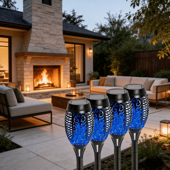 Flickering Solar Lights Outdoor with Flickering Flame,4Pack LED tiki Lights,Waterproof Lighting Decor for Patio Garden Pathway Yard Landscape Blue