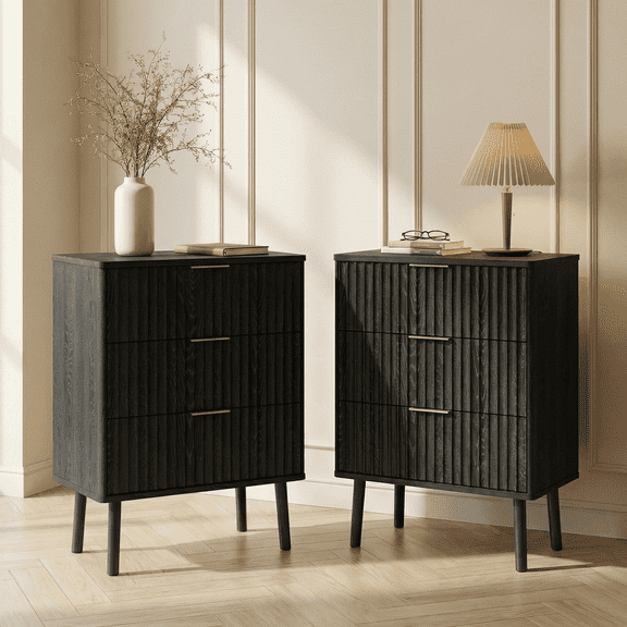 Flictozena 24" Wide Fluted Nightstand Set of 2, Modern Wood Bedside Table with 3 Drawers, Mid Century End Table for Bedroom Living Room Office, Black
