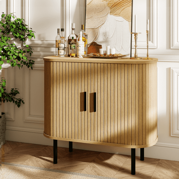 Flictozena 35" Mid-Century Modern Storage Cabinet - Fluted Buffet Sideboard with Sliding Tambour Doors & Adjustable Shelves, Credenza Console Table for Kitchen, Dining Room, Living Room, Entryway