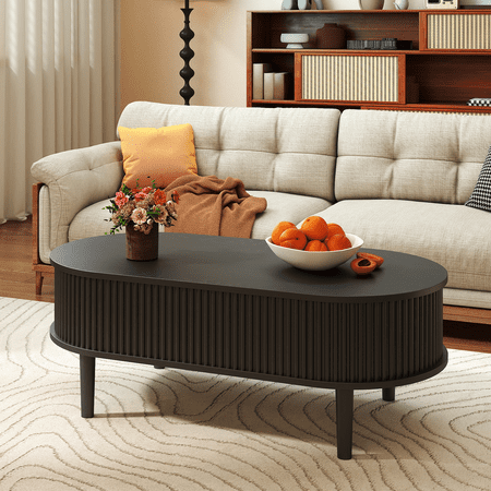 Flictozena 39” Modern Lift Top Coffee Table, Fluted Oval Cocktail Table with Hidden Compartment & Drawer, Adjustable Height Center Table for Living Room, Fully Assembled, Black