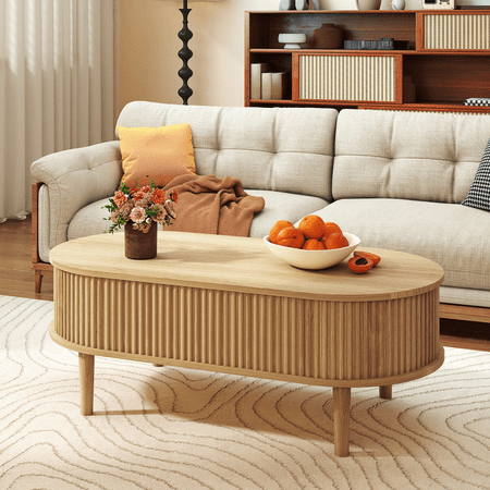 Flictozena 39” Modern Lift Top Coffee Table, Fluted Oval Cocktail Table with Hidden Compartment & Drawer, Adjustable Height Center Table for Living Room, Fully Assembled, Natural