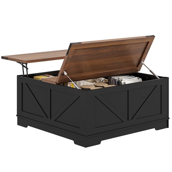 Flictozena 40" Farmhouse Lift Top Coffee Table with Hidden Compartment and Power Outlets, White Square Wooden Center Table for Living Room, Multi-Functional Flip-Top Storage Table, Black & Brown