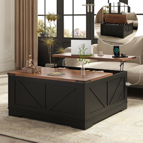 Flictozena 40" Farmhouse Lift Top Coffee Table with Hidden Compartment and Power Outlets, White Square Wooden Center Table for Living Room, Multi-Functional Flip-Top Storage Table, Black & Brown