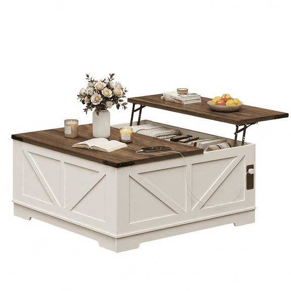 Flictozena 40" Farmhouse Lift Top Coffee Table with Hidden Compartment and Power Outlets, White Square Wooden Center Table for Living Room, Multi-Functional Flip-Top Storage Table, White