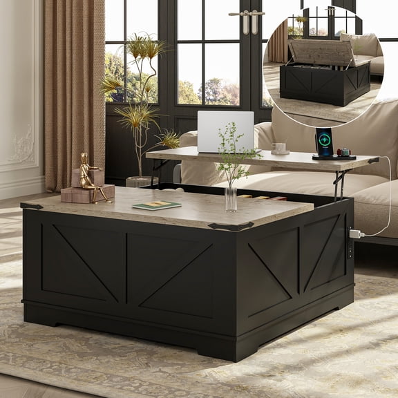 Flictozena 40" Farmhouse Lift Top Coffee Table with Hidden Compartment and Power Outlets, White Square Wooden Center Table for Living Room, Multi-Functional Flip-Top Storage Table, Black & Gray