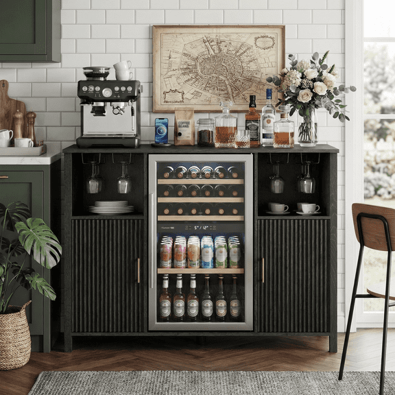 Flictozena 53" Large Coffee Bar Cabinet, Mini Fridge Cabinet with Power Outlet, Wine Bar & Buffet Sideboard with Adjustable Shelf Glass Holder for Kitchen and Dining Room, Black