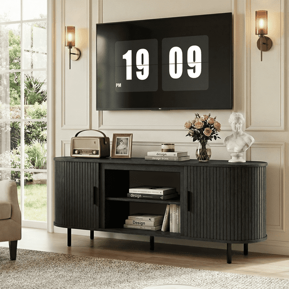 Flictozena 65" Mid Century Modern TV Stand with Sliding Doors, Curved Fluted Design & Adjustable Shelves - Black Media Console Entertainment Center for TVs up to 75 Inches