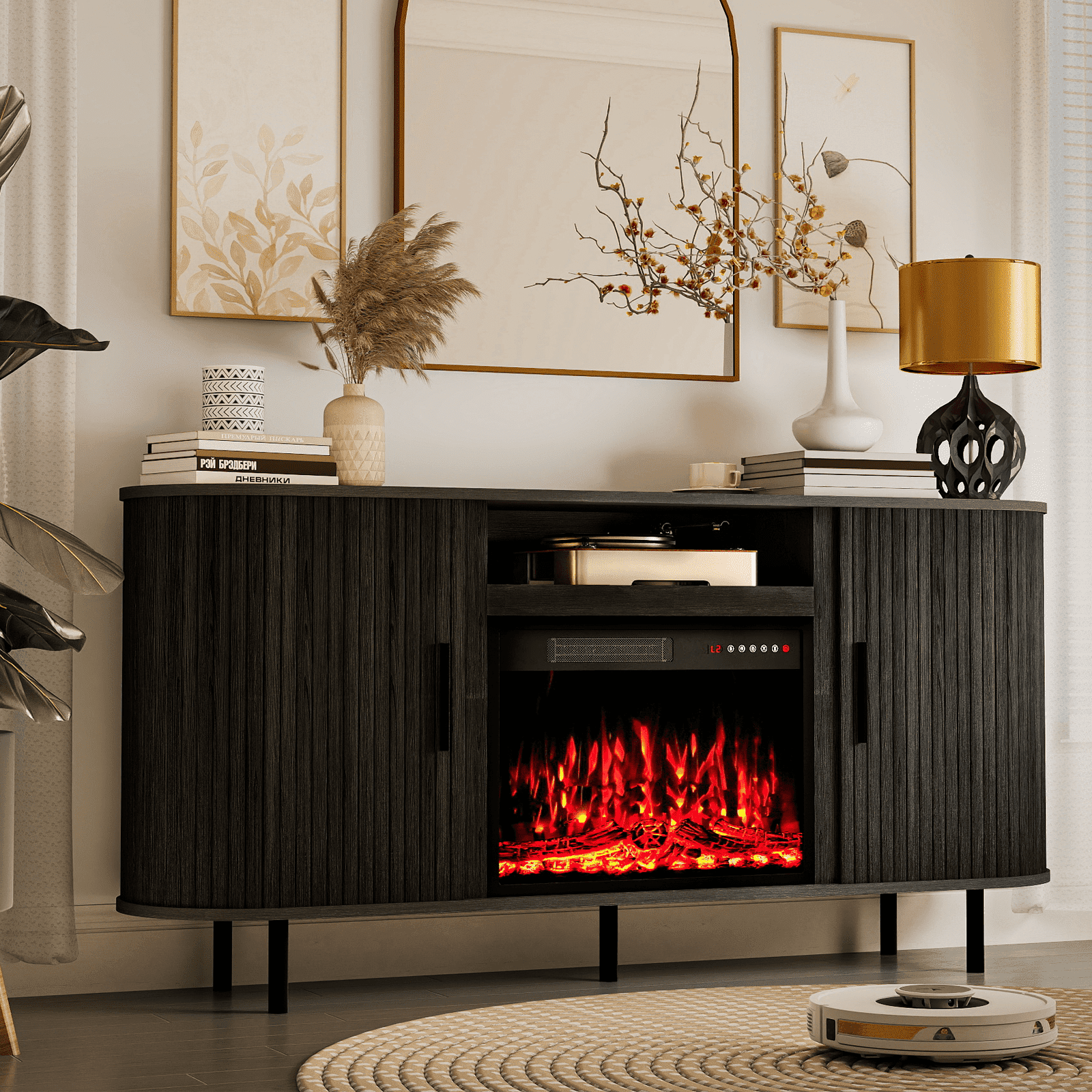 Flictozena 65’’ Modern Fluted TV Stand for TVs Up to 75’’ with 23’’ Electric Fireplace - Wooden Entertainment Center, Curved Design, Sliding Doors & Storage Shelf, Natural Oak
